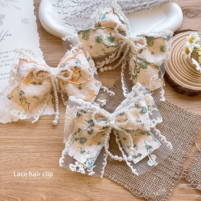 Double-Layer Lace Floral Bow Hair Clip with Pearl Accent - Sweet Korean Style Hair Accessory