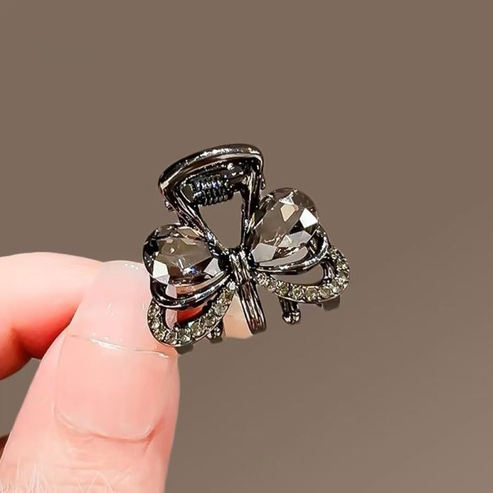 Korean Style Black Crystal Bow Mini Claw Clip - Cute Alloy Hair Accessory for Women