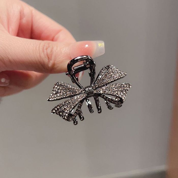 2026 Mini Bow Claw Clip - Small Diamond-Accented Hair Clip in Gunmetal Black