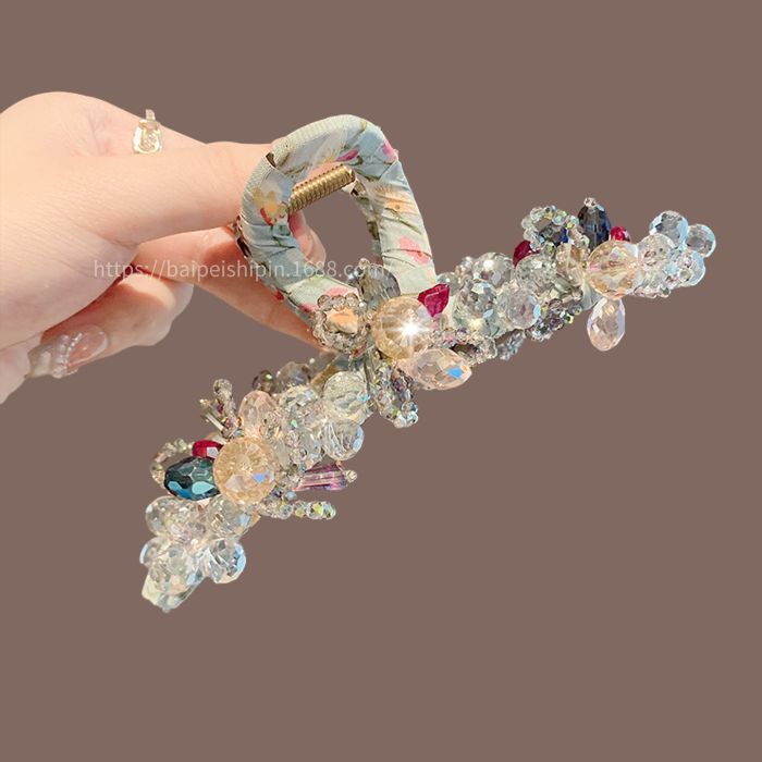 Large Crystal & Pearl Claw Clip with Camellia Flower - Elegant Hair Accessory for Women