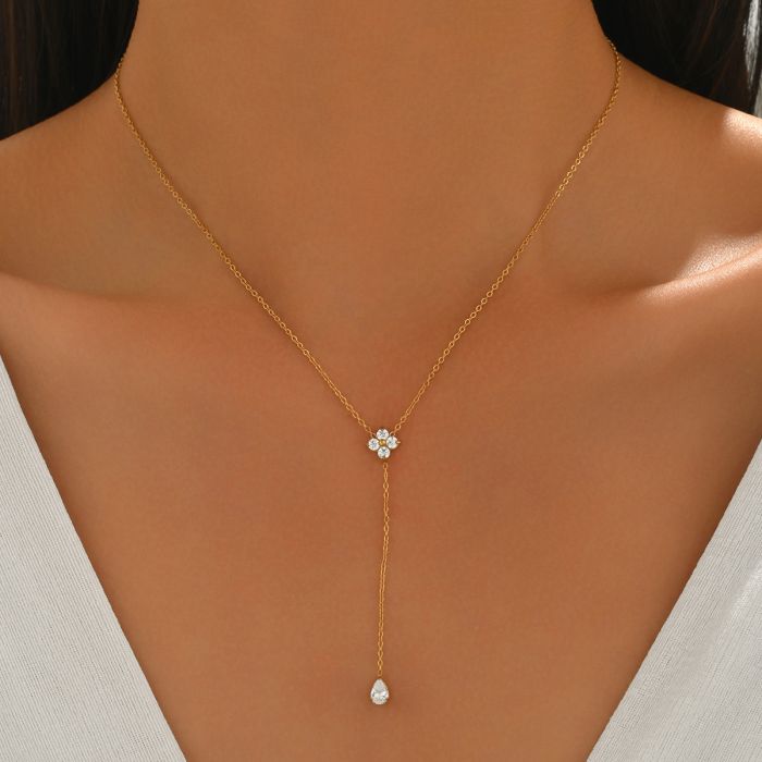 Women's Y-Design Water Drop Necklace with CZ Stones - Stainless Steel Floral Pendant Chain