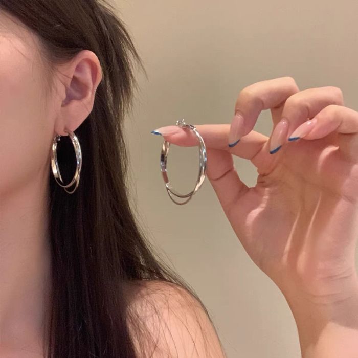 Double-Layered Geometric Hoop Earrings - Minimalist Brass Circle Studs for Women