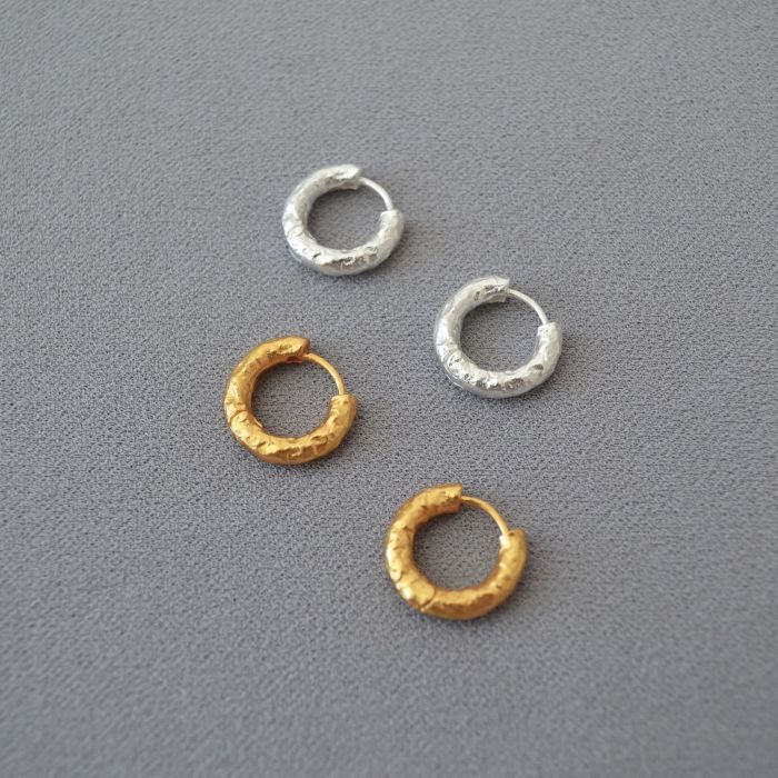 French Vintage Minimalist Hammered Brass Hoop Earrings - Textured Gold & Silver Geometric Circle Studs