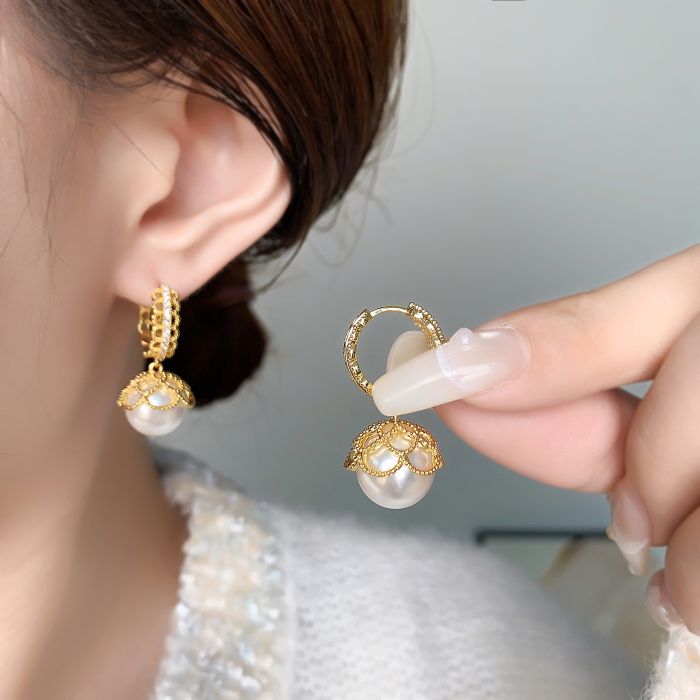 Lace Pearl & Cubic Zirconia Drop Earrings - Elegant Rhinestone Crown Flower Design with Silver Pin