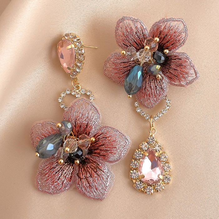Asymmetric Vintage Fabric Flower Earrings with Crystal Accents - Elegant French Style Pink Bloom Drop Earrings