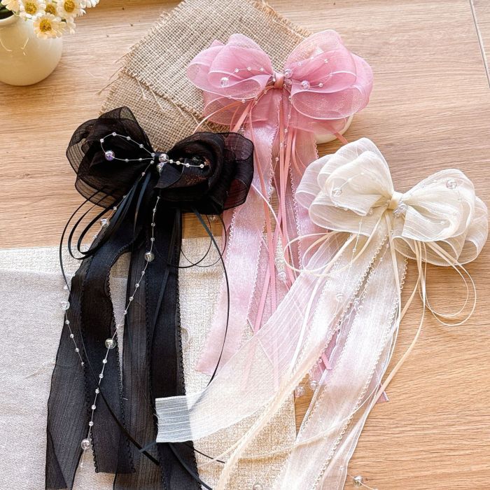 Korean Style Large Bow Hair Clip with Pearl Mesh Tulle & Tassel Ribbon - Princess Headpiece