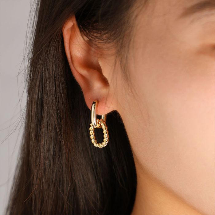French Minimalist Twisted Rope Geometric Double-Layer Earrings - 14K Gold Post