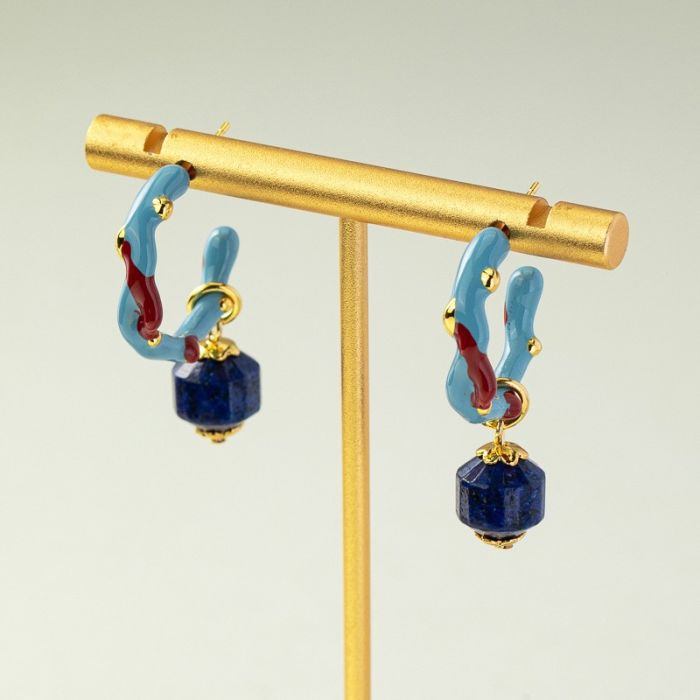 French Vintage Lapis Lazuli & Pearl Drop Earrings with Enamel Details - Light Luxury Statement Jewelry