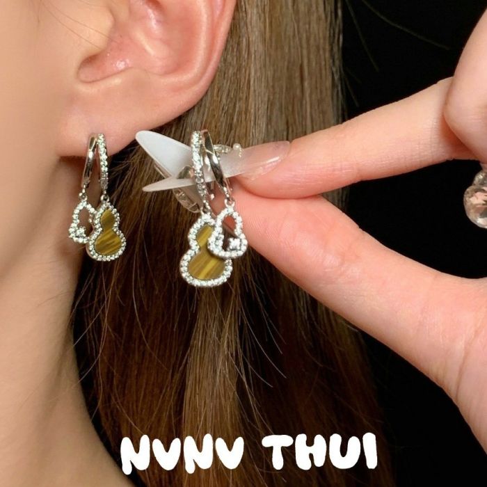 NVNV THUI Double Gourd Zircon Earrings - New Chinese Style Sterling Silver Drop Earrings with Mother-of-Pearl & Tiger's Eye