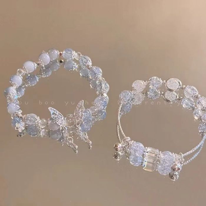 New Chinese Style Ice Crack Beaded Bracelet with Butterfly & Bell Charms - Unisex Frozen Bead Jewelry 2026