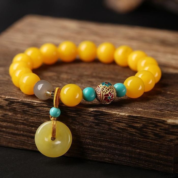 New Chinese Style Amber & Red Agate Peace Buckle Bracelet - Retro Ethnic Charm Friendship Gift