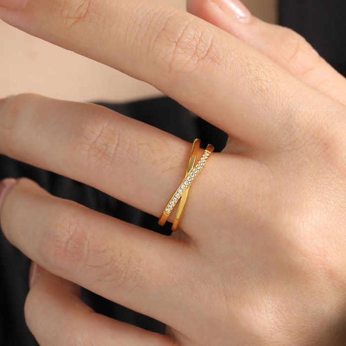 Korean-Style Intersecting X Ring with Micro-Pave Crystal Details - Titanium Steel