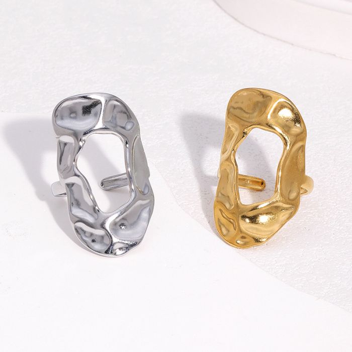 Geometric Open Adjustable Stainless Steel Ring - Minimalist Irregular Wide Band Statement Jewelry for Women