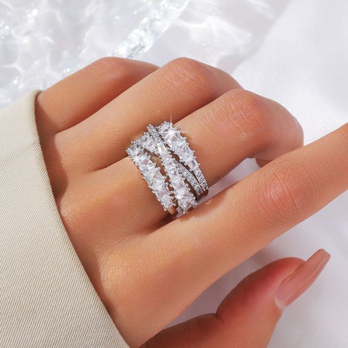 Multi-Layer Geometric Cubic Zirconia Ring for Women - Elegant Tarnish-Resistant Fashion Jewelry