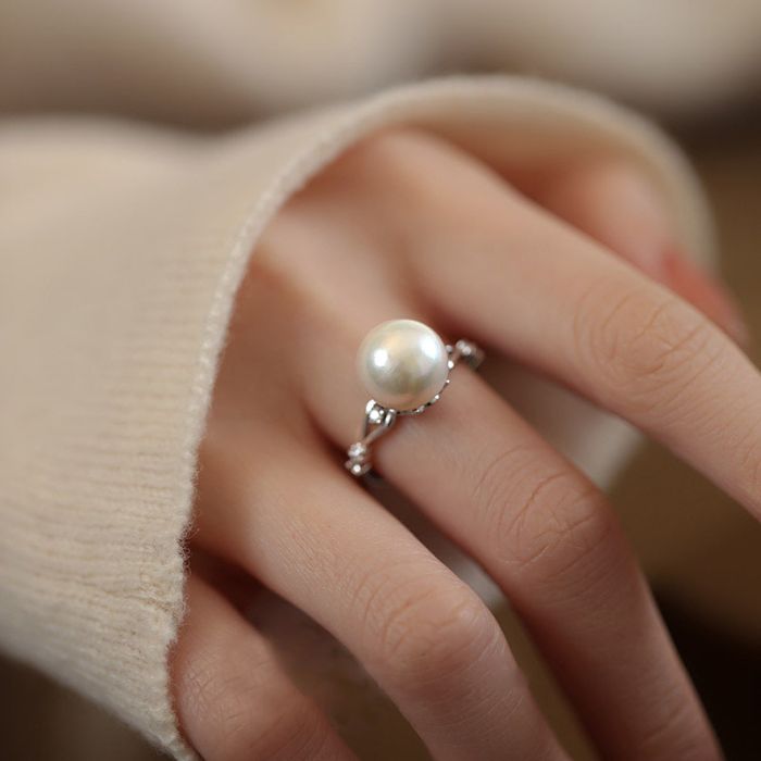 S925 Sterling Silver Natural Freshwater Pearl Ring - Adjustable Open Design for Women