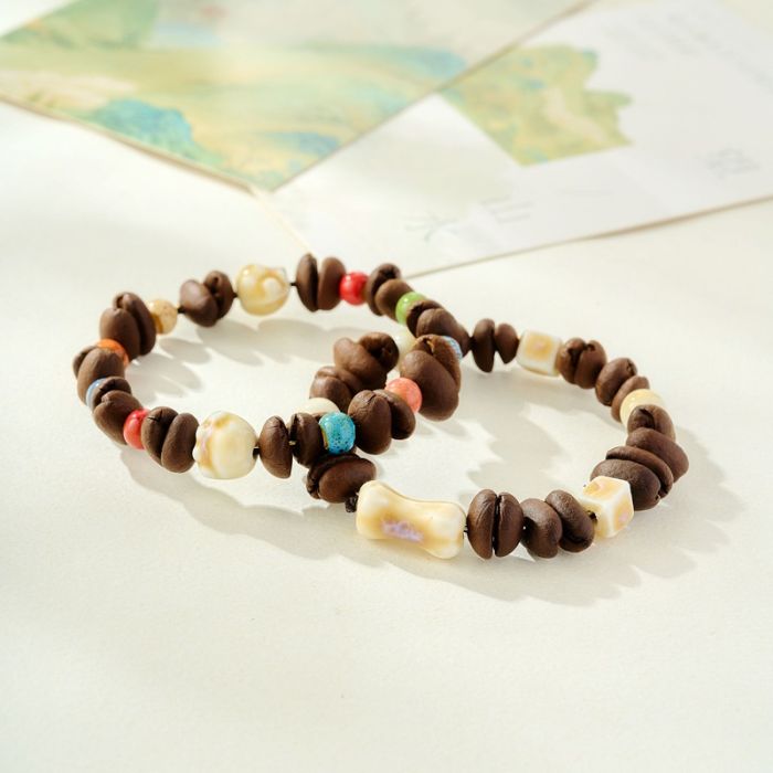 Handmade Ceramic Coffee Bean Bracelet with Cat Paw Charm - Unique Elastic Bangle for Women