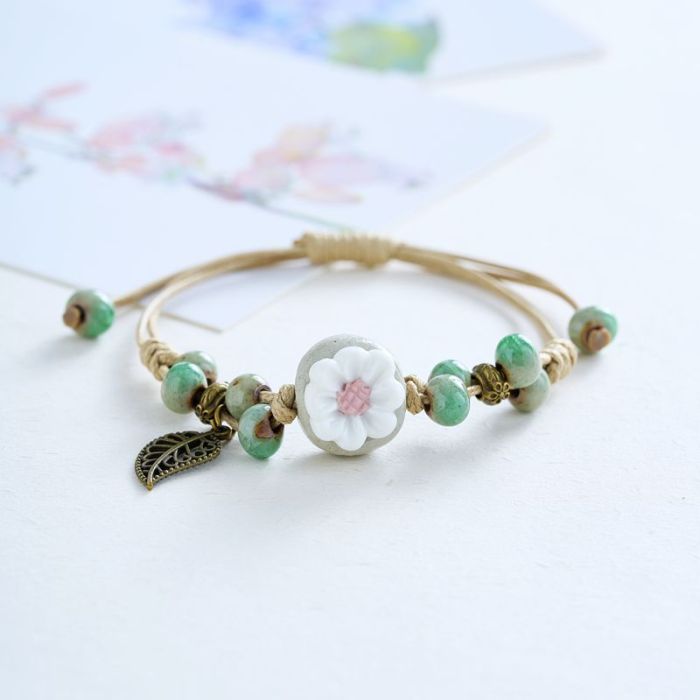 Handwoven Ceramic Daisy Charm Bracelet - Vintage Artisan Jewelry from Jingdezhen