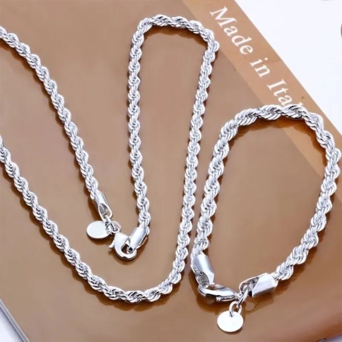 4mm Silver Twisted Rope Chain Necklace & Bracelet Set - Unisex Fashion Jewelry
