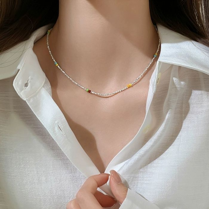 Korean-Style 999 Pure Silver Geometric Necklace - Minimalist Collarbone Chain for Women