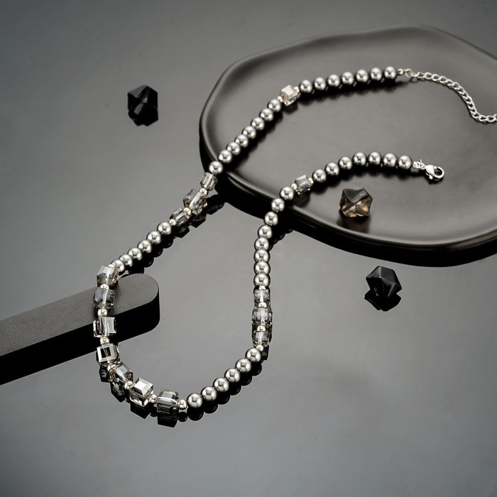 Black Obsidian Beaded Necklace with Geometric Crystal Accents - Unisex Titanium Steel Chain