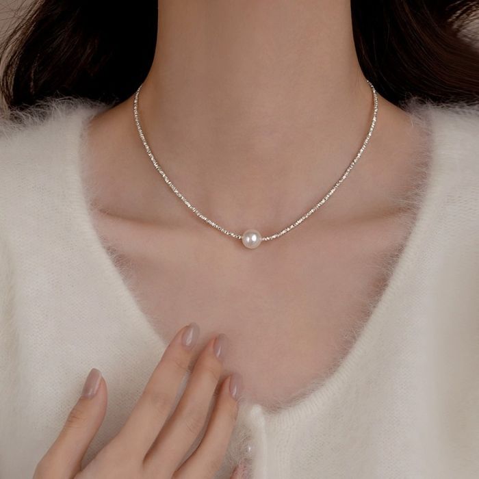 999 Sterling Silver Pearl Choker Necklace - Korean INS Style Geometric Chain