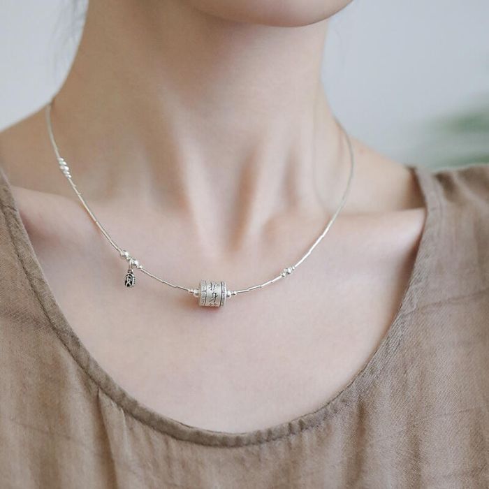 S925 Sterling Silver Vintage Chinese-Style Lucky Charm Pendant Necklace with Ruyi & Peace Buckle Design