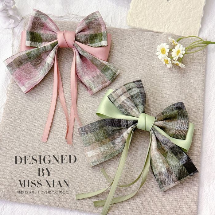 Vintage Plaid Bow Hair Clips - Korean Style Handmade Fabric Spring Barrettes