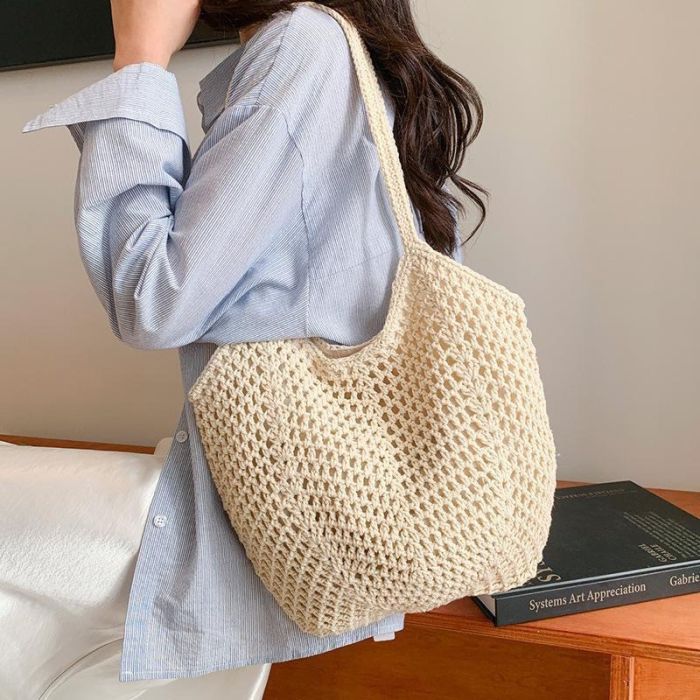 YIZE Handwoven Straw Tote Bag - Large Capacity Beach Vacation Shoulder Bag with Hollow Cut-Out Design