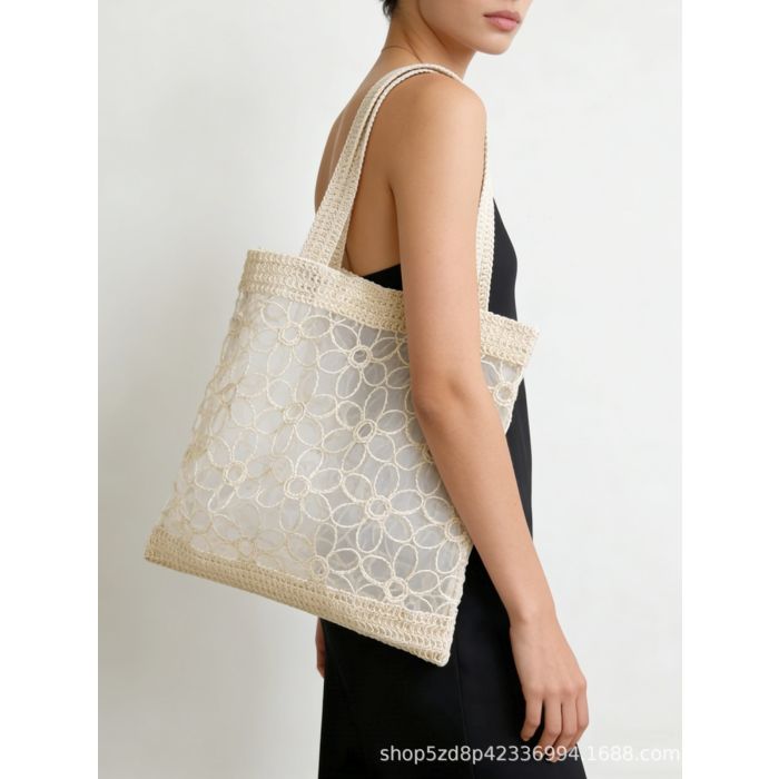 Women's Woven Straw Shoulder Bag - Hollow Knit Handbag with Soft Cotton Blend