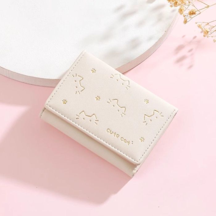 Cute Cat Print Mini Folding Wallet - Compact PU Leather Coin Purse & Card Holder with Kawaii Design