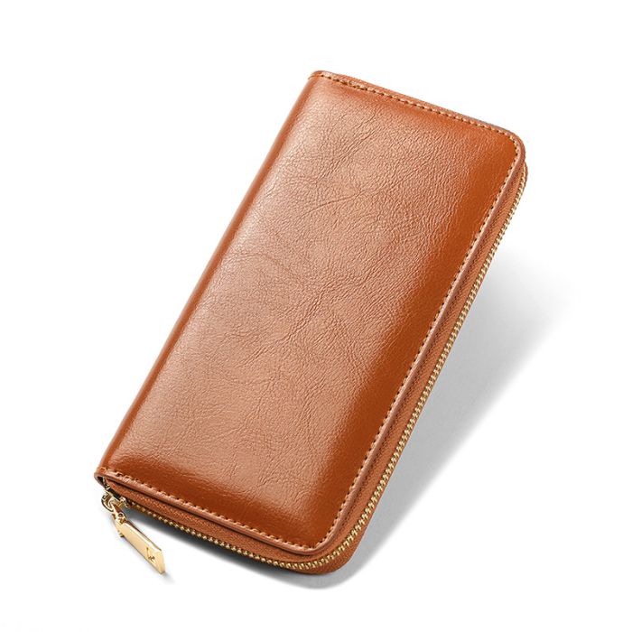 Genuine Oil Wax Cow Leather Women's Long Zipper Wallet - Large Capacity Clutch Purse