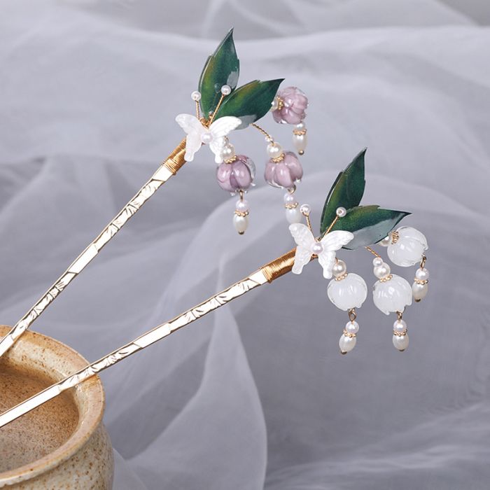 Vintage Lily of the Valley Butterfly Hairpin - Traditional Chinese Hanfu Hair Accessory