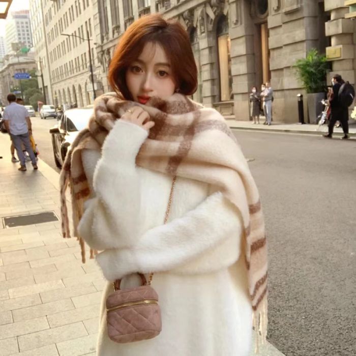 Korean-Style Plaid Tassel Mohair Scarf - Extra Long Winter Wrap for Women
