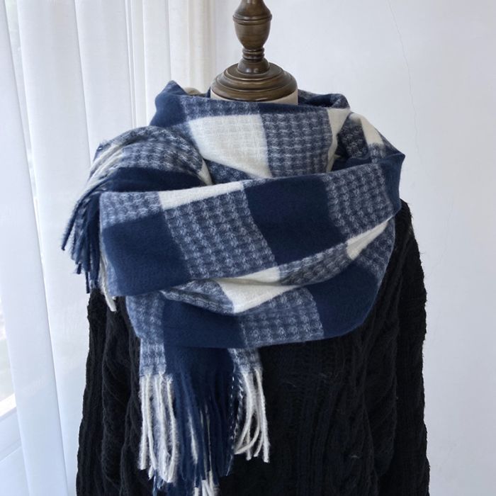 Women's Winter Faux Cashmere Plaid Scarf with Fringe - Korean Style Cozy Warmth