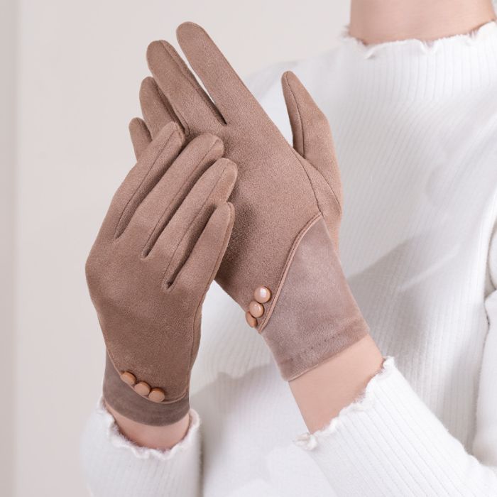 Women's Winter Fleece-Lined Suede Gloves - Thermal Driving & Cycling Gloves with Three-Button Design