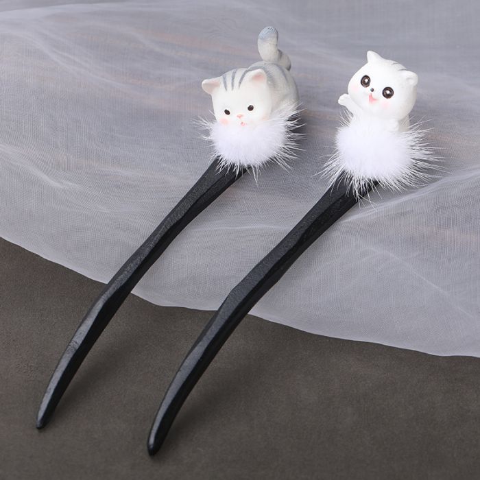 Cute Cartoon Cat Wooden Hair Pin - Chinese Style Hair Accessory with Fluffy Pom-Pom