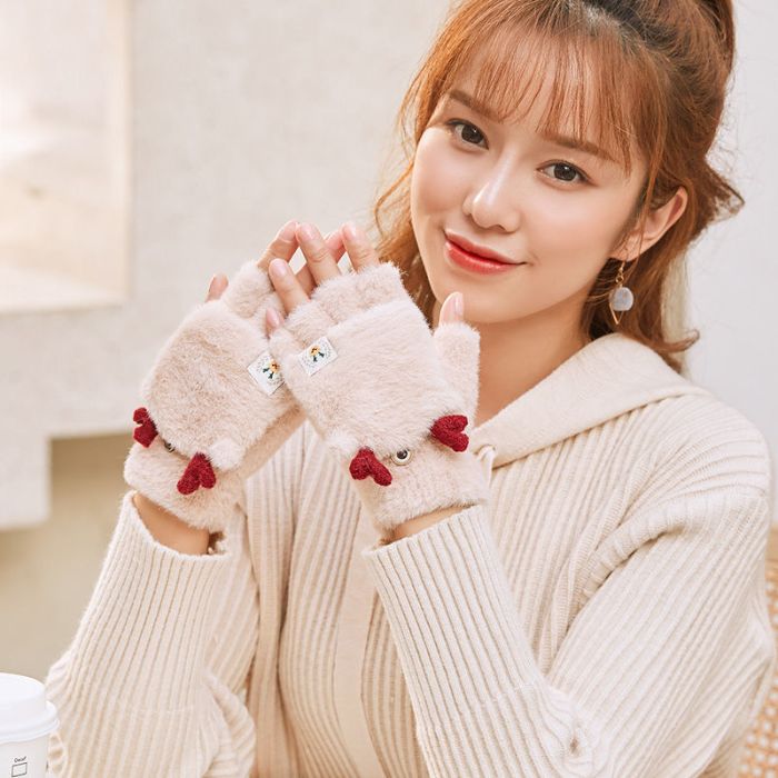 Cute Antler Winter Touchscreen Gloves - Women's Half Finger Flip Mittens with Plush Lining