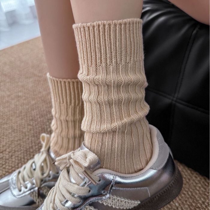 Japanese Style Chunky Knit Cotton Crew Socks - Cozy Slouchy Socks for Birkenstock Shoes