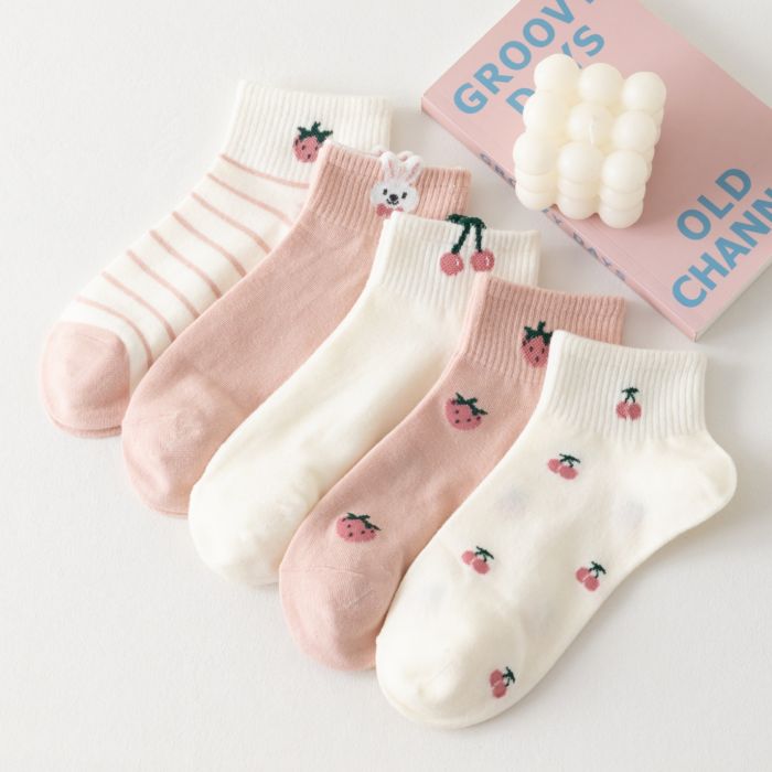 Women's Pink Fruit & Bunny Cotton Ankle Socks - Breathable, Anti-Slip Summer Sports Socks with Cute Japanese Style Design
