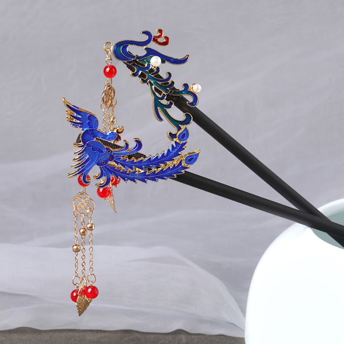 Cloisonné Phoenix Hairpin with Tassels - Traditional Chinese Style Wooden Hair Accessory for Hanfu and Cheongsam