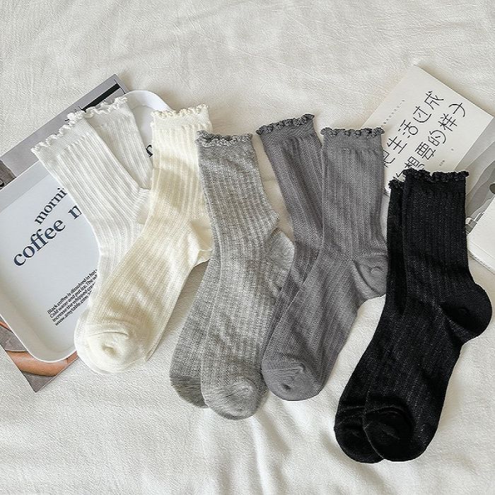 Women's Cotton Ruffle Trim Mid-Calf Socks - Breathable Mesh Lolita Style with Bow & Polka Dot Options
