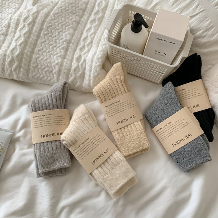 Women's Wool Blend Mid-Calf Socks - Cozy Fleece-Lined Winter Crew Socks - Japanese Minimalist Solid Color Thermal Warm Socks