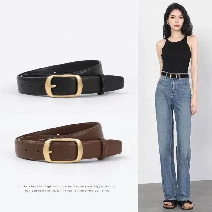 Women's Genuine Leather Belt with Geometric Buckle - Classic Versatile Belt for Jeans