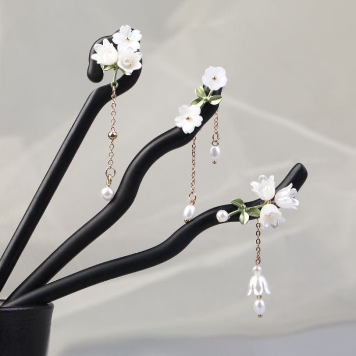 Lily of the Valley Ebony Wood Hair Pin - Vintage Chinese Style Floral Hair Accessory