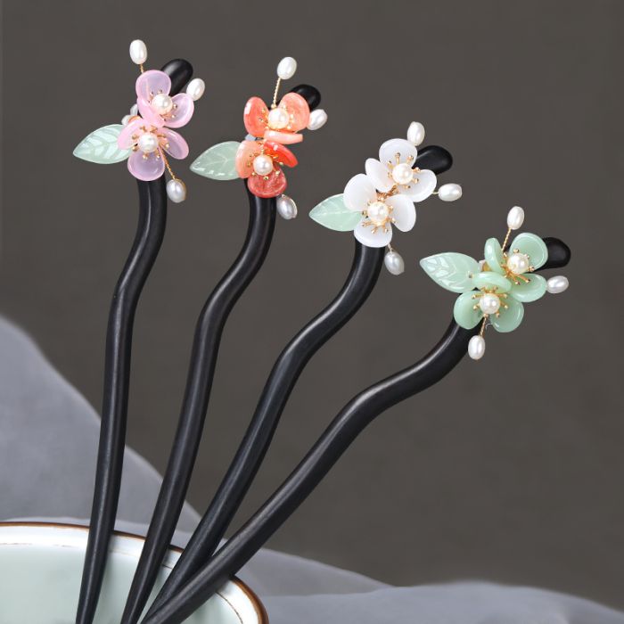 Ebony Wood Hair Pin - Traditional Chinese Style Hair Stick with Floral Design for Hanfu & Qipao