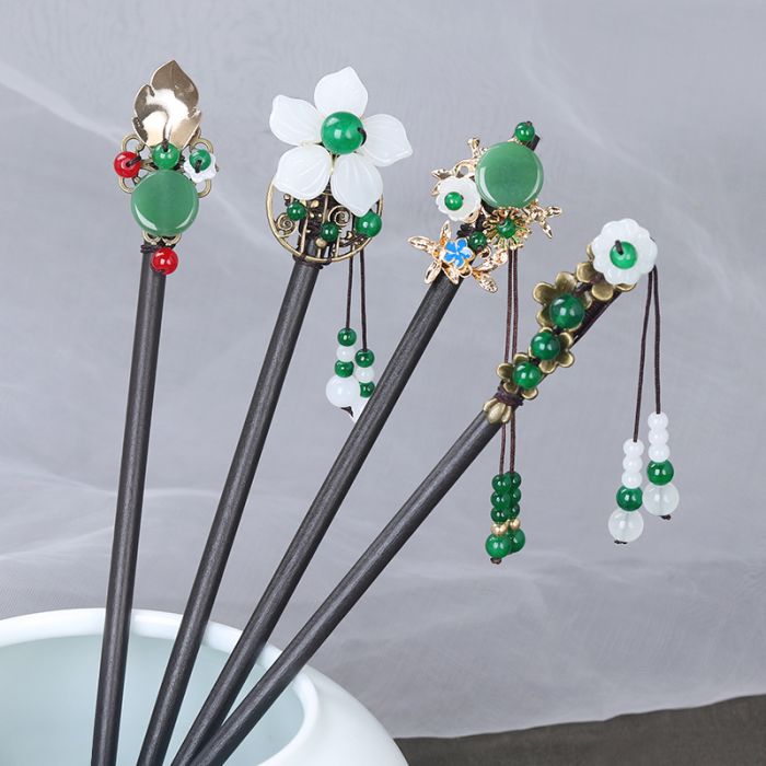Handmade Chinese Style Wooden Hair Pin with Tassels - Traditional Floral Design for Hanfu & Ancient Costume