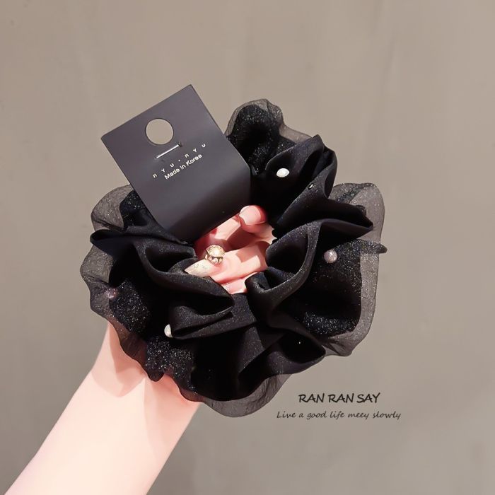 Women's Satin Pearl Scrunchie Bow Hair Tie - Elegant Velvet & Fabric Ponytail Holder for Bun & Ponytail Styling