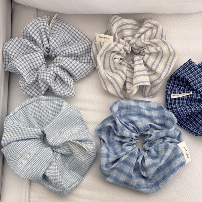 French Style Blue Plaid Scrunchies - Classic Fabric Hair Accessories