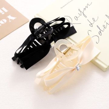 Medium French Butterfly Bow Claw Clip - Elegant Black & White Hair Accessories