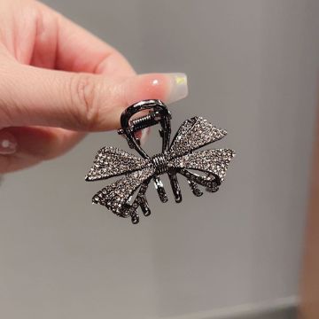 2026 Mini Bow Claw Clip - Small Diamond-Accented Hair Clip in Gunmetal Black